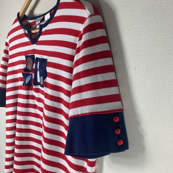 Nautical Red Striped Breckenridge V Neck T Shirt Navy Blue Trim Patches MEDIUM - Picture 7 of 11